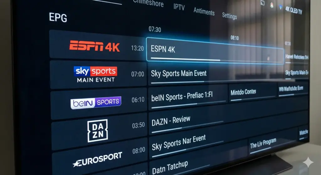 Meilleur Abonnement IPTV (2026) : Comparatif Exclusif & Avis 2 Interface EPG du meilleur abonnement IPTV 2026 avec chaines sport